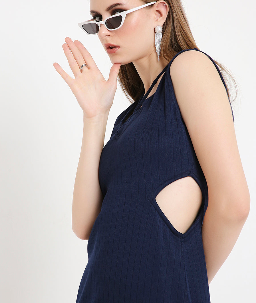 Navy Blue Cocktail Long Slit Knit Dress with Side Key Holes